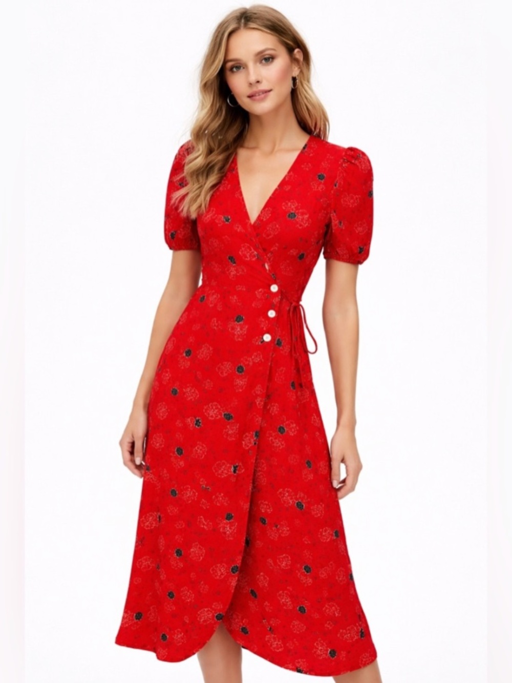 Rouje Paris Gabin Red Floral Wrap Midi Dress Button Front Puff Sleeve, size 40
